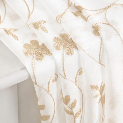 Yellow Sheer Curtains 96 Inches Long 2 Panels Yellow and White Embroidered Floral Pattern Semi Sheer Window Curtains for Bedroom Living Room (52"W x 96"L (Pack of 2) / White & Yellow)