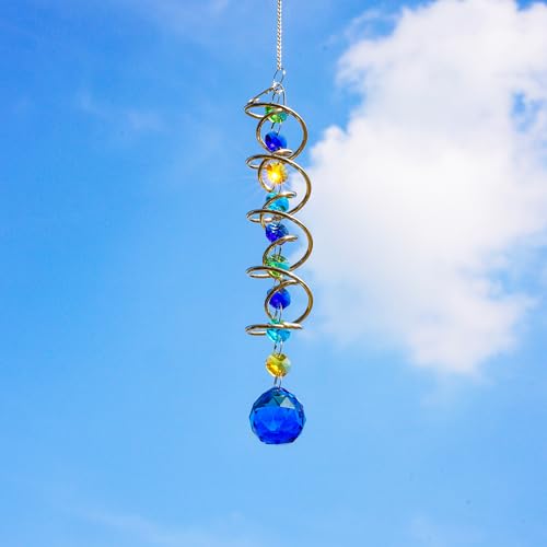 20.5in Sea Blue Crystal Gazing Ball Spiral Wind Spinner Suncatcher (Silver With Blue Ball Drop Prism)