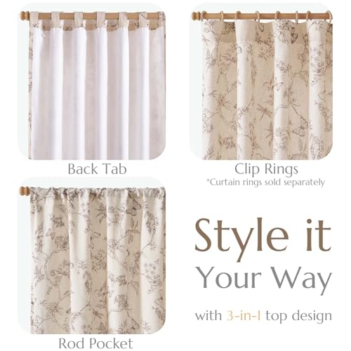 Taupe Floral Linen Curtains Lined 96 Inch Vintage Back Tab 2 Panels (Charlotte Taupe / 50"W x 96"L (Pack of 2))