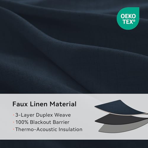 100% Blackout Linen Curtains 96 Inch Long 2 Panels Set (Jet | Navy Blue / 50"W x 96"L (Pack of 2))