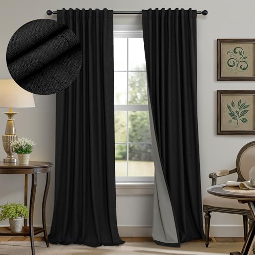 Black Curtains for Bedroom 90 Inches Long Sound Proof Modern Window Drapes Light Blocking Floor to Ceiling Rod Pocket Linen Back Tab Curtains Blackout Dining Room Office 52x90 Length 2 Panels (Black / 52"W x 90"L (Pack of 2))