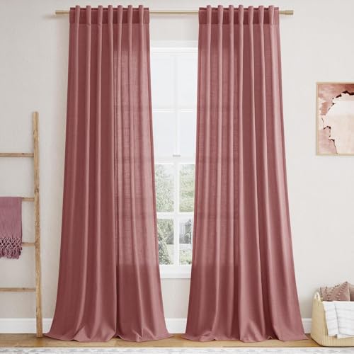 Canyon Rose Linen 144 Inch Curtains for Living Room Light Filtering Semi Sheer Curtain Back Tab Modern Farmhouse Decor Elegant Girl Drapes Floor to Ceiling High Window for Bedroom 52x144 (52"W x 144"L (Pack of 2) / Canyon Rose)
