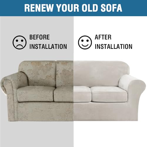 Velvet 4 Piece High Stretch Sofa Slipcover Cover Furniture Protector Form Fit Luxury Thick Velvet Extra Large Sofa Cover for 3 Cushion Couch Width Up to 105 Inch (3 Cushion XL Sofa / Oatmeal)