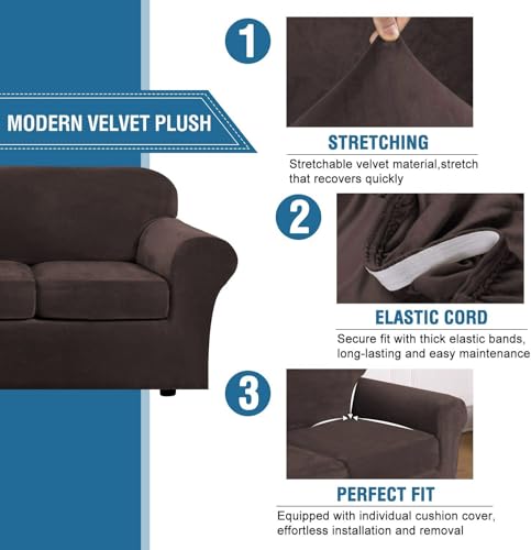 Real Velvet Plush 3 Piece Stretch Sofa Covers Couch Covers for 2 Cushion Couch Sofa Slipcovers Width Up to 90 Inch Feature Thick Soft Stay in Place (2 Cushion Sofa / Brown)