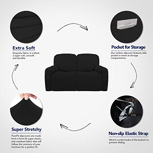Super Stretch Loveseat Recliner Sofa Couch Cover with Pocket (Medium Recliner Loveseat / Black)