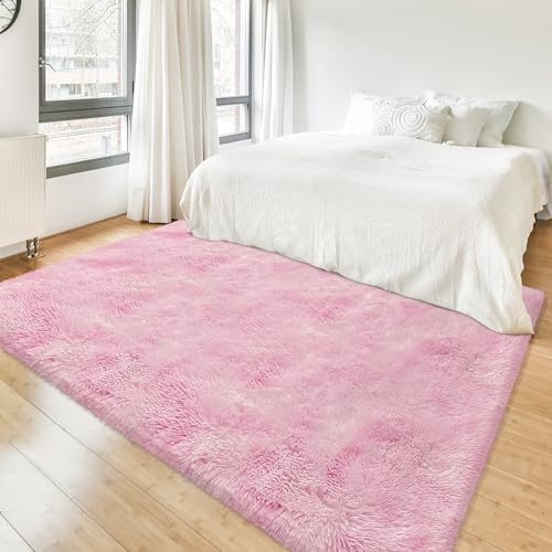 Tie Dye Pink Fluffy Rug for Bedroom 4x6ft Soft Shag Area Rug Mat Bedside Throw Rug for Living Room Kids Room Boys Teens Nursery Baby Dorm Office Home Decor Aesthetic Carpets (Tie-dyed Pink / 4' x 6' (Rectangular))