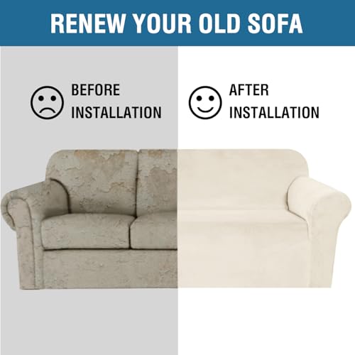 Stretch Velvet Sofa Covers for 3 Cushion Couch Covers Protector Soft with Non Slip Elastic Bottom (Cream / Sofa L)