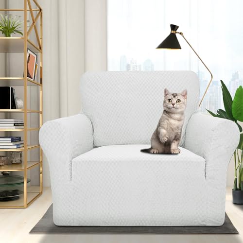 1 Piece Jacquard Chair Slipcovers for Living Room High Stretch Chair Covers with Arms Anti Slip Pets Friendly Couch Sofa Armchair Cover Furniture Protector (Small (31"-46") / White)