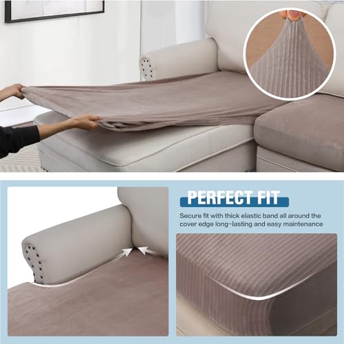Velvet Stretch Sectional Sofa Covers (Striped Taupe / 2 Seater + Chaise)