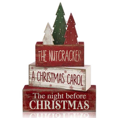 4 Pcs Christmas Table Decorations Rustic Christmas Tree Stacked Wooden Signs Decor Red Green and White Winter Tiered Tray Decor Xmas Table Centerpiece Farmhouse for Home Kitchen Shelf (Rustic Christmas Tree Cute)