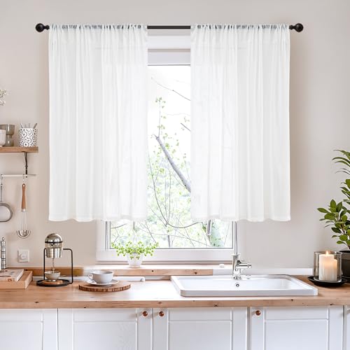 40 Inches Long White Linen Curtains for Kitchen Cafe Window (White / 42"W x 40"L (Pack of 2))
