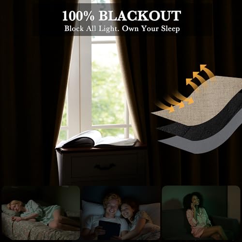 Burlap 100% Blackout Linen Curtains 72 Inch Long for Bedroom (Burlap / 52"W x 72"L (Pack of 2))
