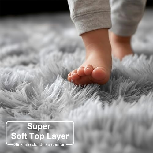 Tie Dyed Light Grey Big Shag Round Rug 6Ft for Living Room Bedroom (Tie-dyed Light Grey / 6' (Round))