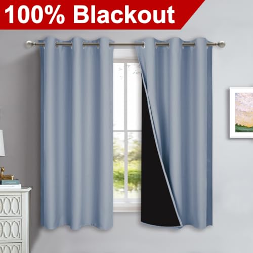 100% Blackout Short Curtains with Black Liners (Vintage Blue / 37"W x 50"L (Pack of 2))