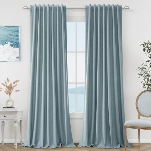 Blue 100% Blackout Linen Curtains 102 Inch Length 2 Panels Set for Living Room Bedroom Back Tab Rod Pocket Thermal Insulated Black Out Drapes Room Darkening Window Curtains 52x102 (Blue / 52"W x 102"L (Pack of 2))