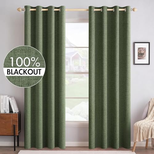 100% Blackout Linen Curtains for Bedroom 52x108 Inches Olive Green (Olive Green / 52"W x 108"L (Pack of 2))