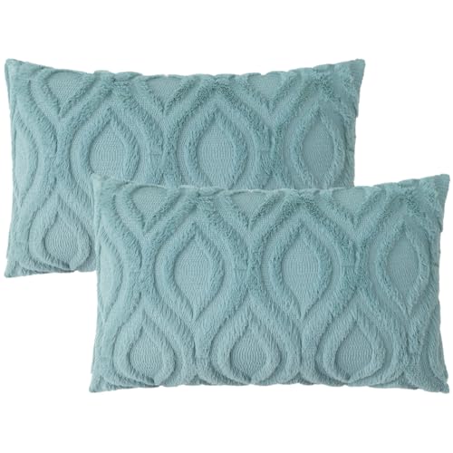 Faux Fur Plush Soft Aqua Throw Pillow Covers 12x20 Set of 2 (20" x 12" (Pack of 2) / Aqua)