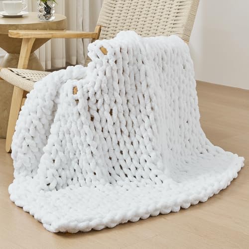 Chunky Knit Throw Blanket for Couch (White / 40"x40" (Small Size Throw）)