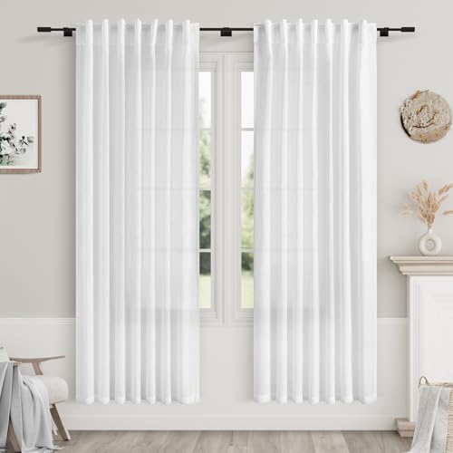 White Linen Curtains for Bedroom Back Tab Light Filtering Privacy Sheer Drapes 74 Inches Long Modern Farmhouse Coastal Decor Linen Textured Gauze Curtain for Bathroom 2 Panels Set 52x74 (52"W x 74"L (Pack of 2) / White)