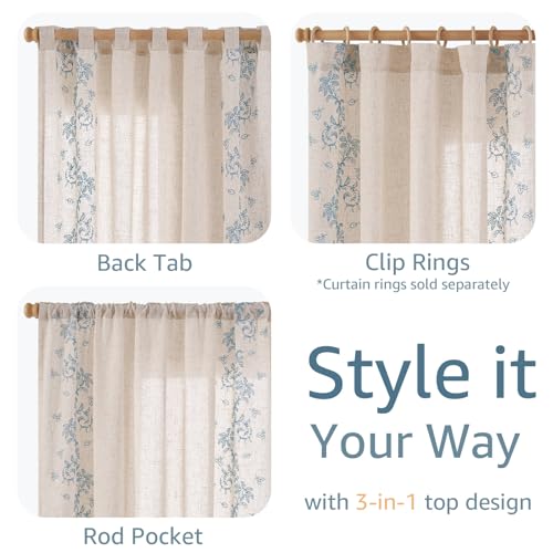 Floral Linen Curtains 96 Inch Farmhouse Back Tab 2 Panels (Vine | Sky Blue / 50"W x 96"L (Pack of 2))