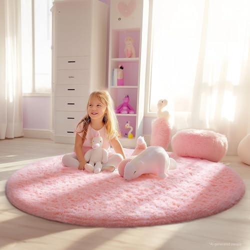 Pink Round Rug for Bedroom Girls (5- Pink / 4' (Round))