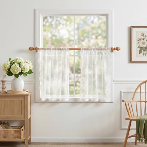 White Lace Tier Curtains 36 Inch Length for Cafe Over Sink (White / 26"W x 36"L (Pack of 2))