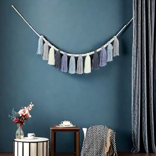 Tassel Garland with Wood Bead Jungle Leaves Garland Banner for Classroom Party Nursery Kids Bedroom Room Wall Birthday Baby Shower Wedding Decor (F)