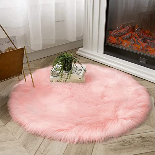 Round Pink Faux Sheepskin Fur Rug Circle Rugs 4ft Soft Fluffy Rugs for Bedroom Girls Living Room Rug for Dorm Floor Luxury Home Decor (4' (Round) / Pink)
