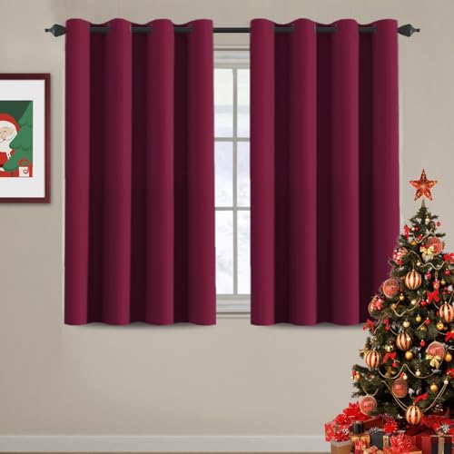Blackout Curtains for Christmas Small Window Kitchen Blackout Curtains 45 inch Length Energy Saving Solid Grommet Blackout Drape (52"W x 45"L (Pack of 1) / Burgundy Red)