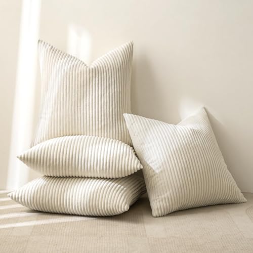 Soft Corduroy Decorative Throw Pillow Covers Cream White 18x18 (18" x 18" (Pack of 4) / Cream White)