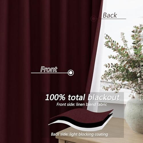 100% Blackout Curtains 96 Inch Length 2 Panels Set for Living Room Bedroom Back Tab Thermal Insulated Black Out Linen Drapes Room Darkening Window Curtains 96 Inches Long (Burgundy / 52"W x 96"L (Pack of 2))