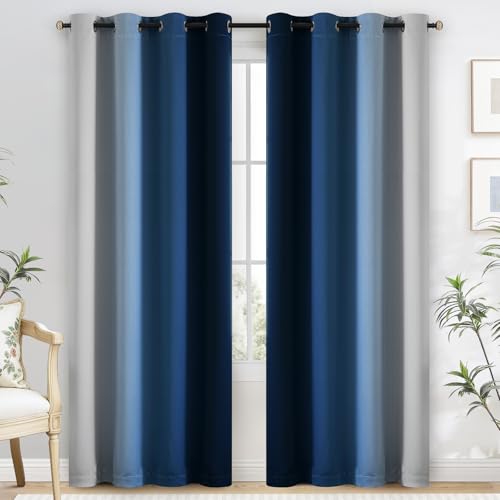 100% Blackout Curtains Ombre Blue Curtains for Bedroom 84 Inch (52"W x 84"L (Pack of 2) / Blue 2 Layers)
