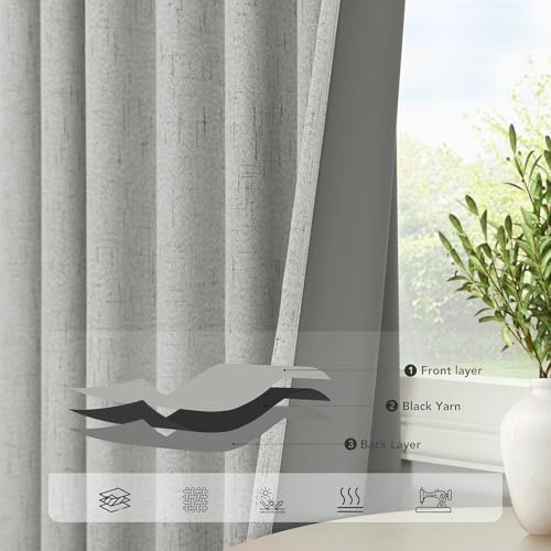 54 Inch Curtains 2 Panel Set 100% Blackout Linen Textured Room Darkening Thermal Insulating Curtain for Bedroom Winter Summer Heat Blocking Draft Kitchen Bathroom 54 Inches Long Light Grey Gray (Light Grey / 52"W x 54"L (Pack of 2))