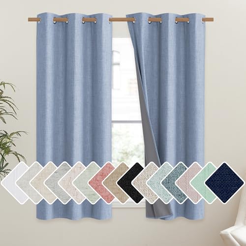 Stone Blue Vintage Linen 100% Blackout Curtains for Dining Room (42"W x 45"L (Pack of 2) / Stone Blue)