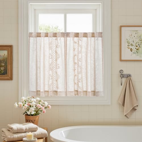 Ivory Floral Linen Kitchen Tier Curtains 36 Inch (A| Ivory / 26"W x 36"L (Pack of 2))