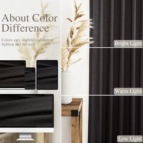 Vintage Black Linen Curtains 63 Inch Length for Living Room Light Filtering Semi Sheer Curtain Back Tab and Rod Pocket Privacy Luxury Gothic Vintage Decor Drapes for Bedroom Office 52x63 (52"W x 63"L (Pack of 2) / Vintage Black)