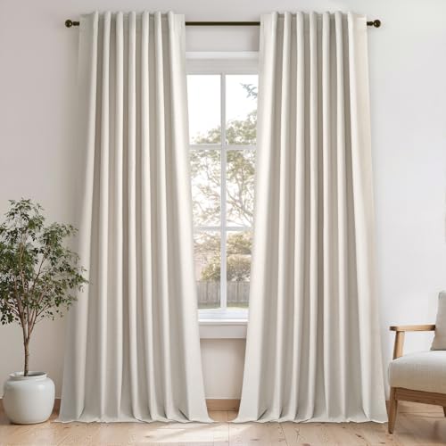 107 Inch Long Farmhouse Linen Blackout Curtains for Bedroom 2 Panel Sets Natural Ivory Birch Linen Texture Thermal Insulated Energy Saving Drapes for Sliding Door (Birch / 52"W x 107"L (Pack of 2))