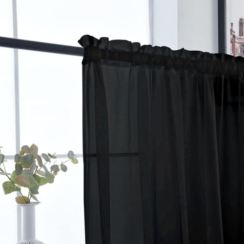 Basic Rod Pocket Sheer Voile Window Curtain Panels Black 1 Pair 2 Panels 26 Width 24 Inch Long for Kitchen Bedroom Children Living Room Yard（Black (Black / 26"W x 24"L (Pack of 2))