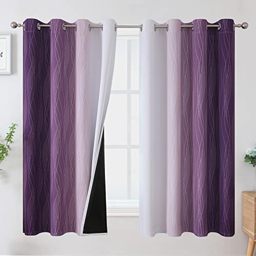 Purple and Greyish White Ombre Blackout Curtains for Bedroom 63 Inches Long (Purple and Greyish White / 52"W x 63"L (Pack of 2))