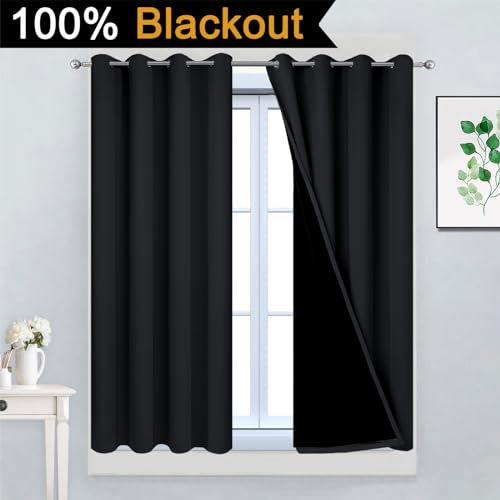 Black 100% Blackout Curtains 54 Inches Long for Bedroom 52" Wide (52"W x 54"L (Pack of 2) / Black)