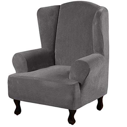 Wingback Chair Covers Velvet Plush Wing Chair Slipcover 1 Piece High Stretch Wing Back Chair Slipcovers Sofa Cover Furniture Cover with Elastic Bottom (Charcoal Gray / Wing Chair)