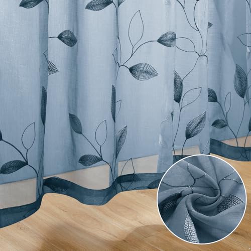 Stone Blue Sheer Curtains Floral Embroidered (52"W x 84"L (Pack of 2) / Stone Blue)
