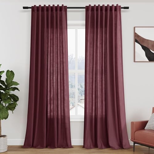 Burgundy Linen Curtains 132 Inch Length for Living Room Light Filtering Semi Sheer Curtain Back Tab Vintage Boho Decor Drapes Floor to Ceiling High Window for Bedroom 52x132 (52"W x 132"L (Pack of 2) / Burgundy)