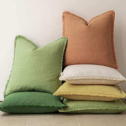 Decorative Linen Fringe Throw Pillow Covers 18×18 Dusty Orange (18" x 18" (Pack of 2) / Autumn Sunset)