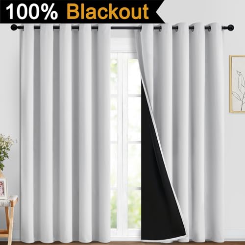 Greyish White 100% Blackout Curtains 84 Inches Long (70"W x 84"L (Pack of 2) / Greyish White)