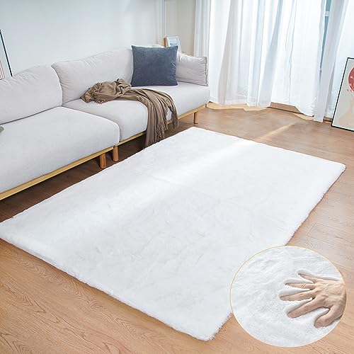 White Faux Rabbit Fluffy Fur Area Rugs for Bedroom Living Room Machine Washable Shag Rug 4x6 Nursery Rug Teen Room Decor (4' x 6' (Rectangular) / White)