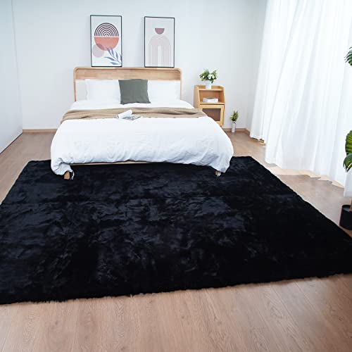 Black 8x10 Area Rug Fluffy Faux Rabbit Fur Rug Black Plush Shag Rug for Living Room Bedroom (Black / 8x10Ft)