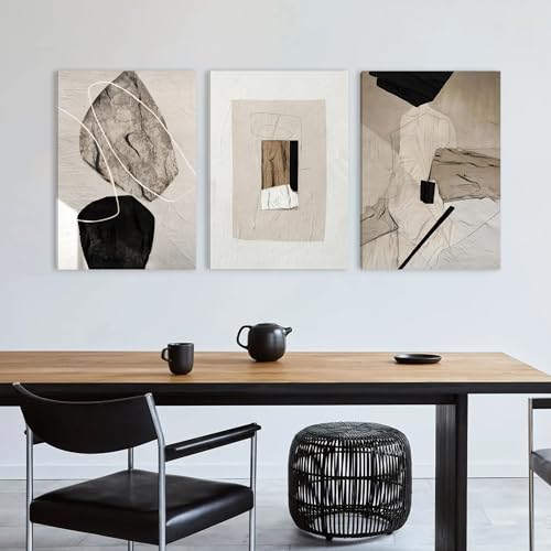 Triptych Neutral Abstract Wrapped Canvas Wall Art 16x24 inches x3 (Between stones / 24"L x 16"W)