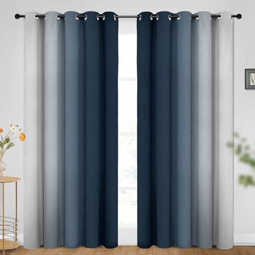 Ombre Navy Blue to Grey White Curtains for Living Room 70Wx84L (70"W x 84"L (Pack of 2) / Navy Blue)