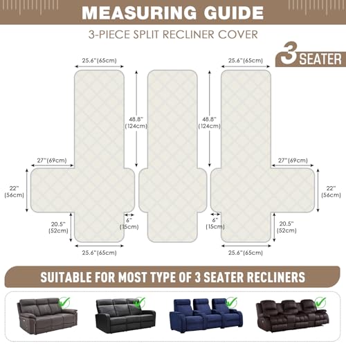 100% Waterproof Recliner Sofa Covers 3 Seater Split Couch Covers for 3 Cushion Reclining Couch with Straps (Cream / 3 Seater Standard)